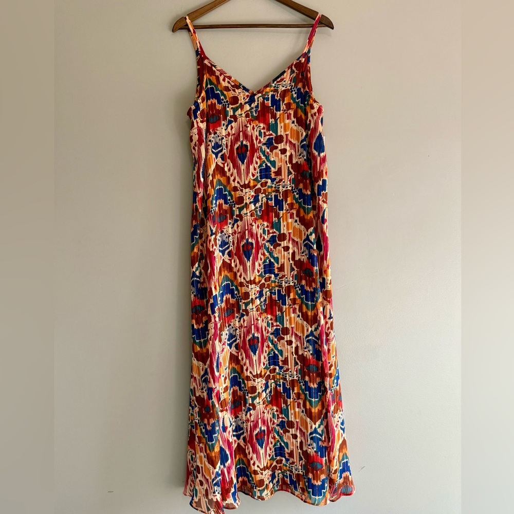 MSK Maxi Dress Boho Colorful Beach Earth Tone Metallic Flowy V Neck Straps Large - Picture 2 of 16